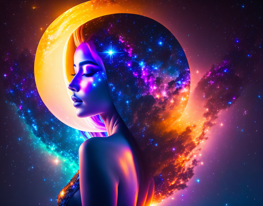 Surreal portrait of woman with luminous skin against cosmic backdrop