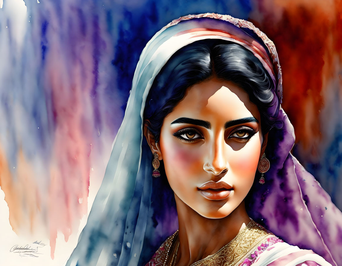 Vibrant digital painting of woman in South Asian attire on abstract background