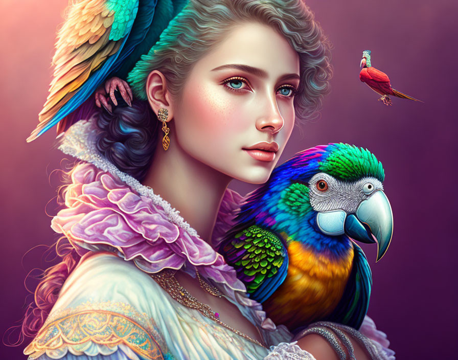 Colorful woman with parrot and bird on purple background