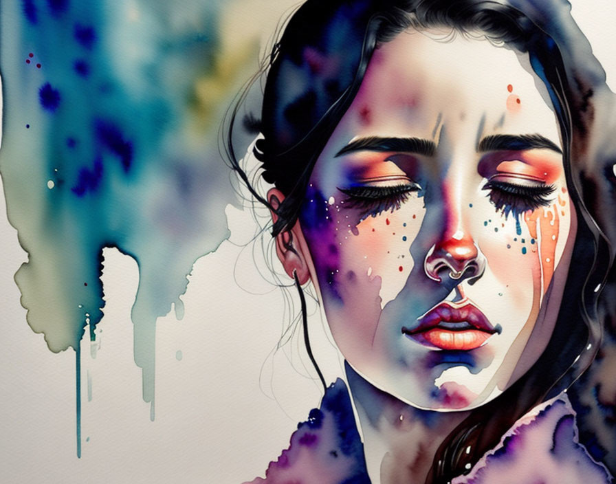 Vibrant watercolor illustration of a woman's face with blue and purple ink splatters