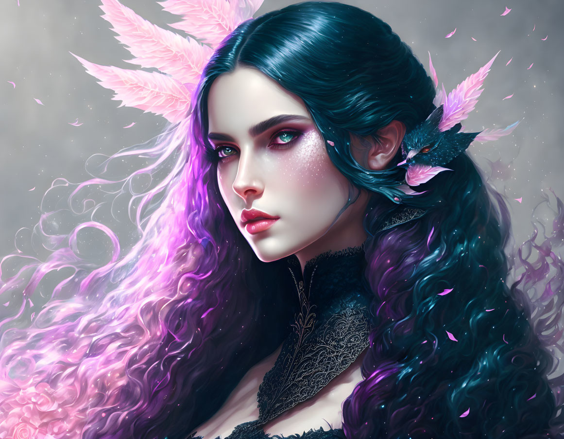 Fantasy illustration of woman with blue and purple hair and feathered ears, accompanied by a bird.