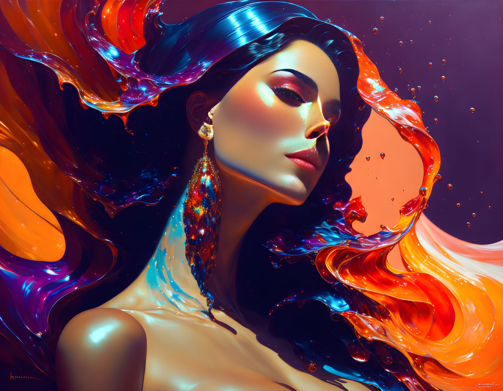 Vibrant blue and orange surrealistic portrait with flowing hair