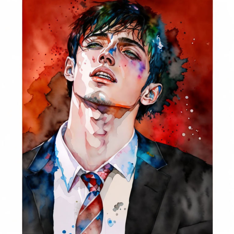 Abstract watercolor painting: man in suit with tie, vibrant colors, melting effect