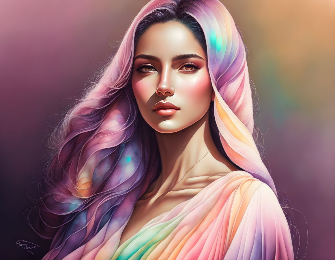 Digital artwork: Woman with multicolored hair & draped garment on purple background