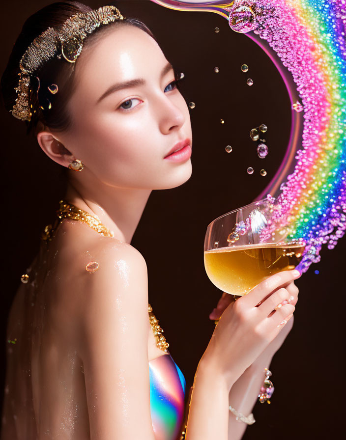 Adorned woman holding champagne glass with colorful splash