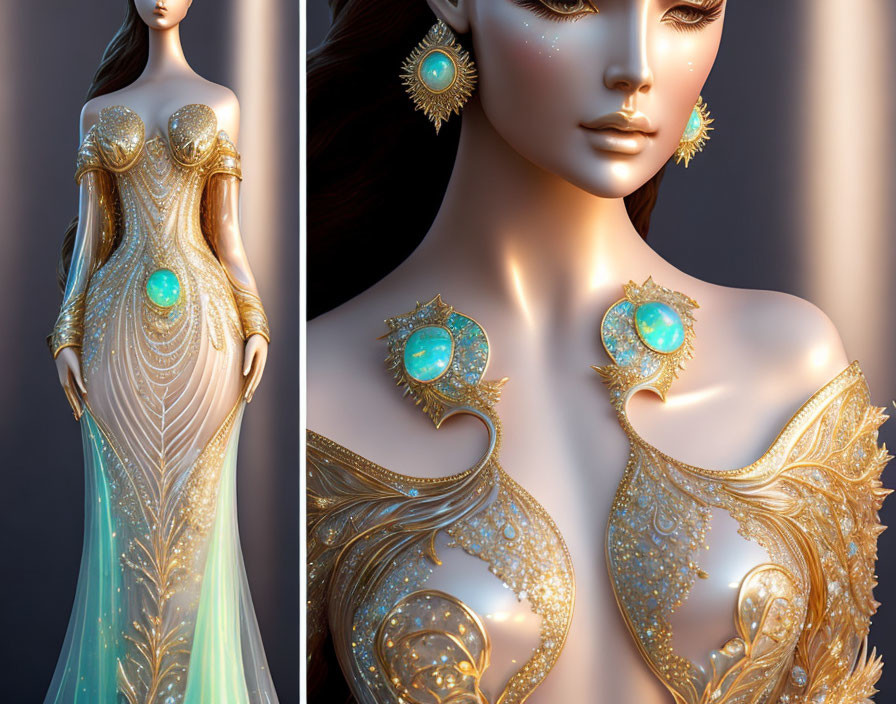 Digital illustration of woman in gold & turquoise gown with elaborate jewelry