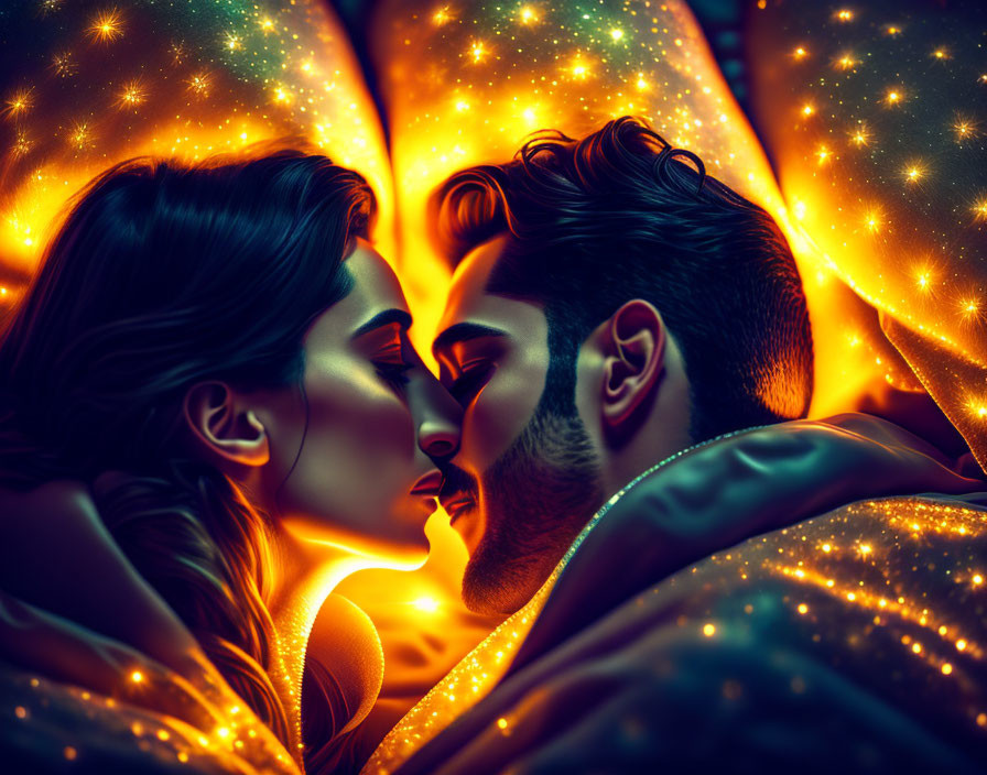 Couple Embraced Under Glowing Starry Blanket