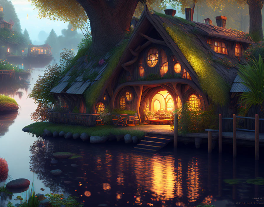 Cozy thatched roof cottage by tranquil lake at twilight