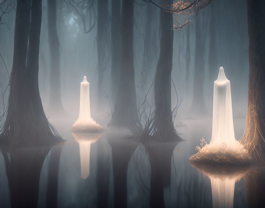 Mystical forest scene: fog, bare trees, reflections, glowing shapes.