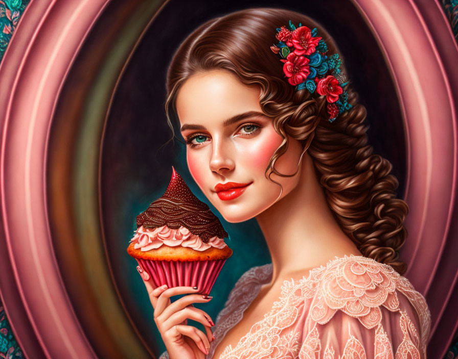 Digital illustration of woman with flowers and cupcake in vintage style.