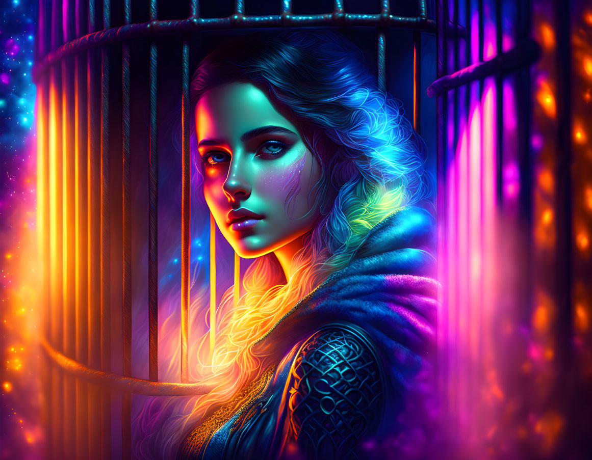 Digital artwork: Woman with luminous skin and wavy hair, gazing intensely in cosmic backdrop.