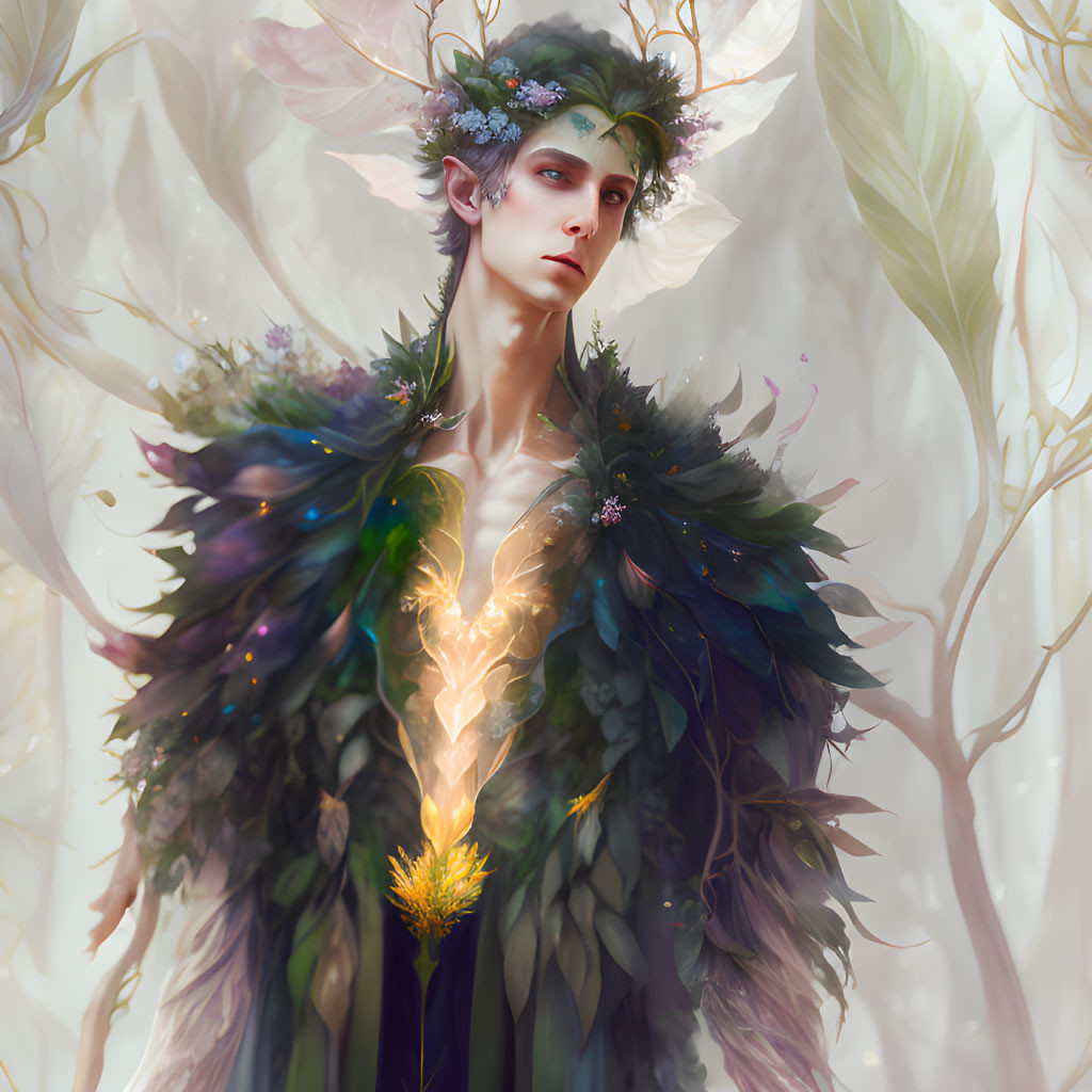 Ethereal figure with floral crown and feathered cloak among delicate foliage