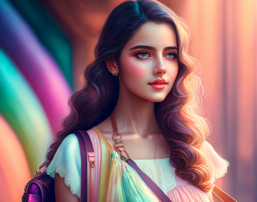 Vibrant illustration of young woman with flowing hair and blue eyes carrying pastel strap bag