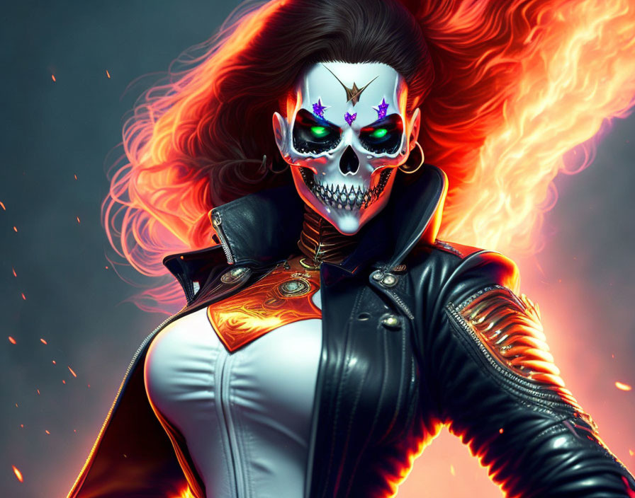 Digital Artwork: Flaming Skull Character in Leather Jacket