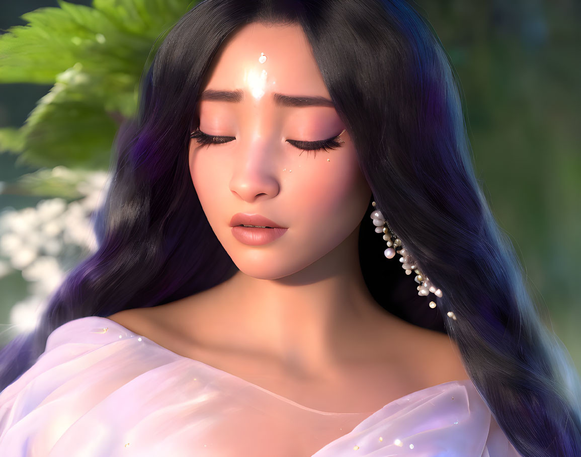 Digital artwork featuring woman with purple hair, closed eyes, pearl earrings, white dress, nature backdrop