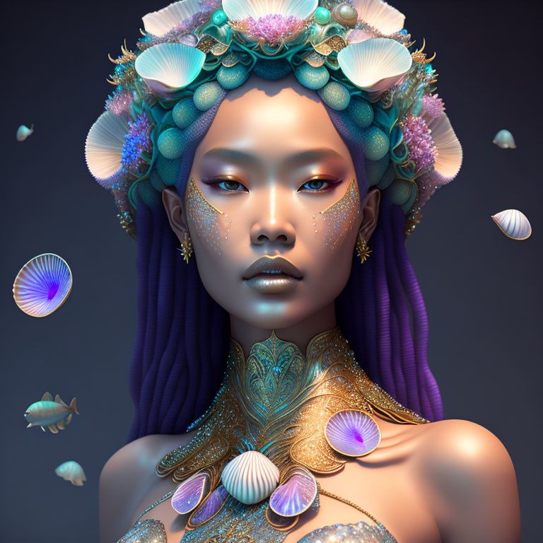 Stylized portrait of woman with ocean-themed jewelry and purple hair surrounded by fish on blue backdrop