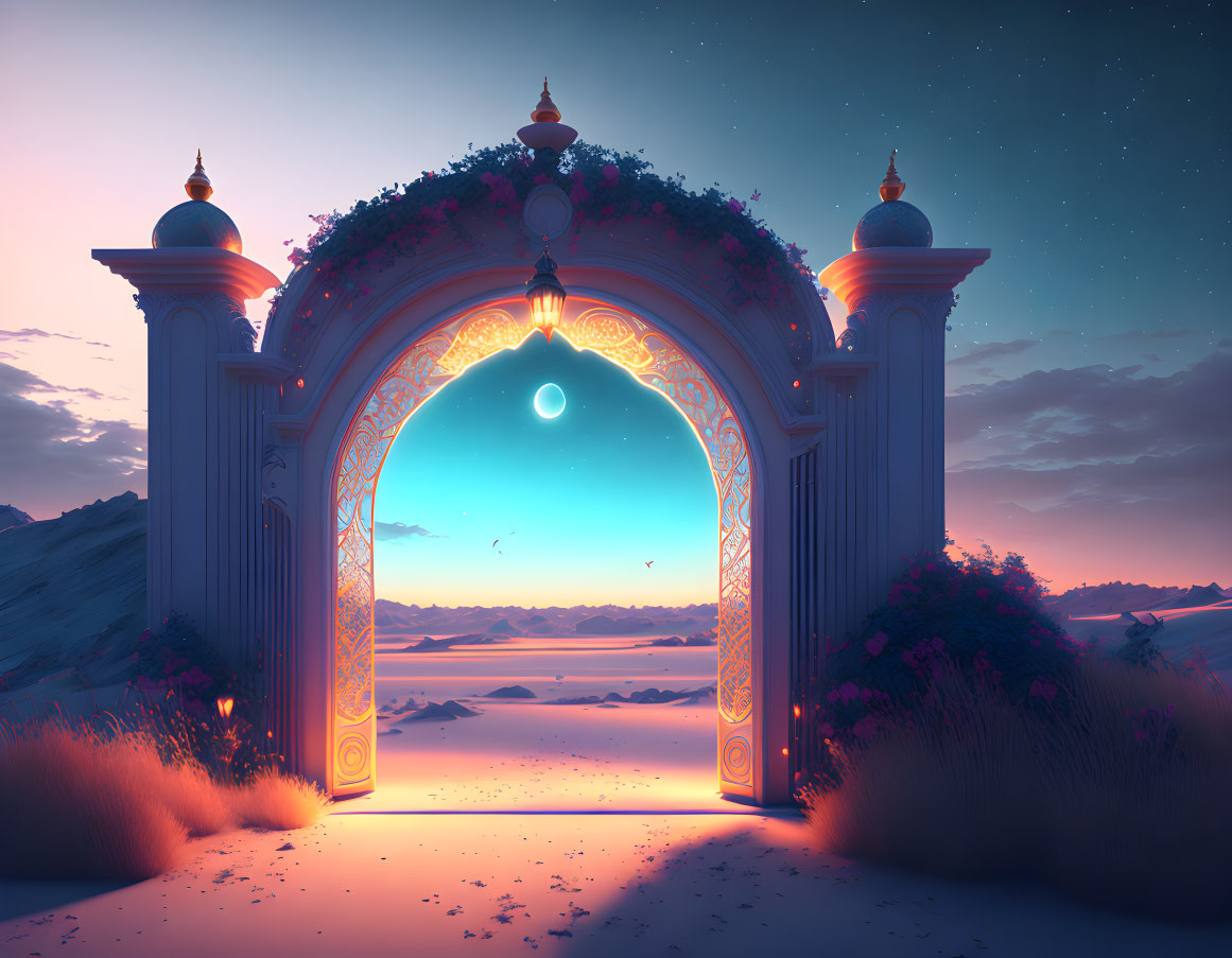 Ornate illuminated archway in serene desert twilight