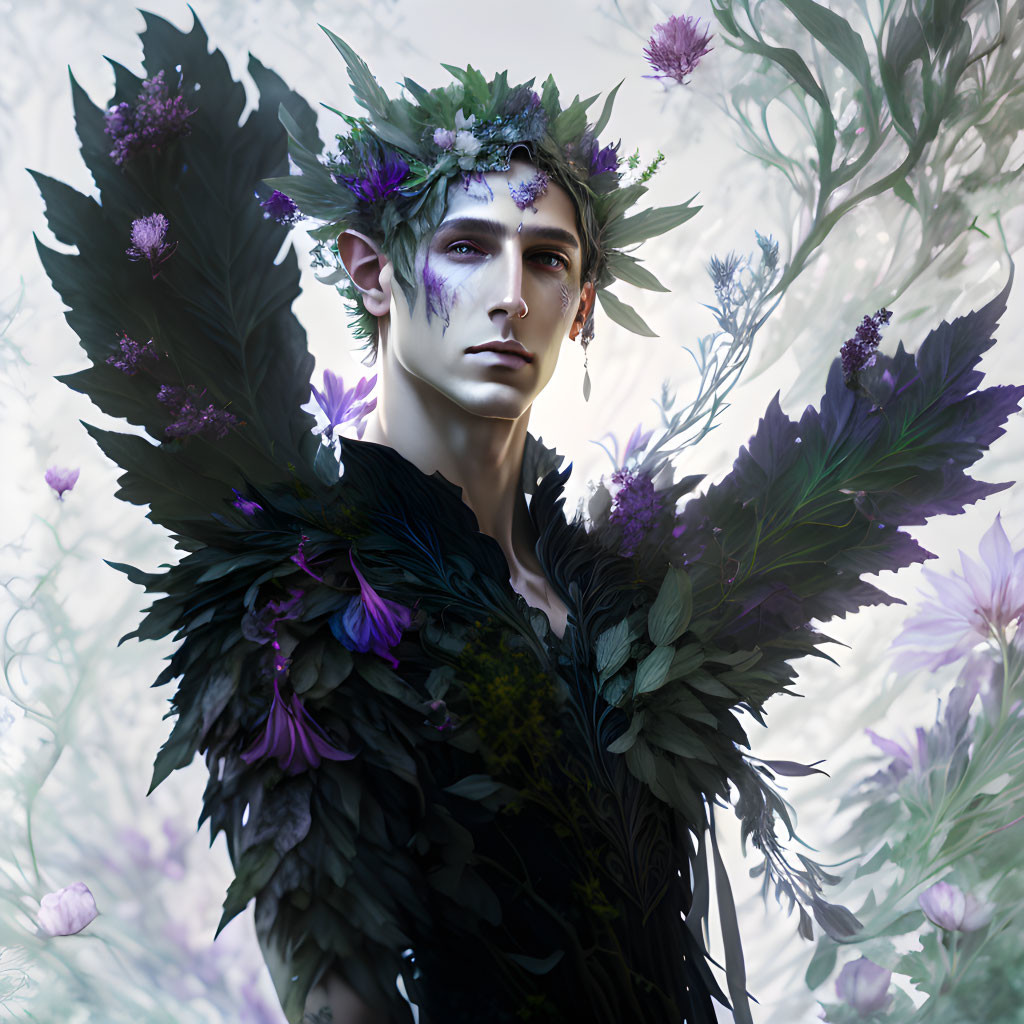 Male figure with pointed ears in dark feathery shoulders and floral crown against misty backdrop.