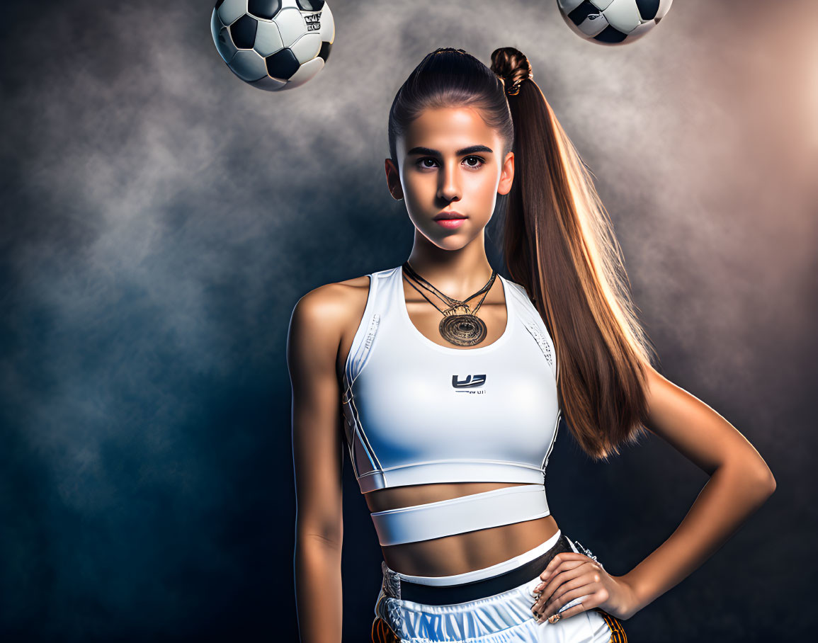 Athlete in white sportswear with ponytail amid soccer balls in misty setting