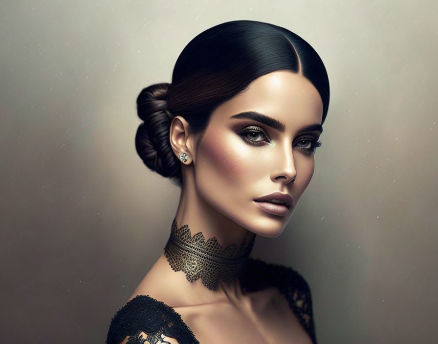 Portrait of woman with sleek hair, makeup, diamond earring, and lace choker