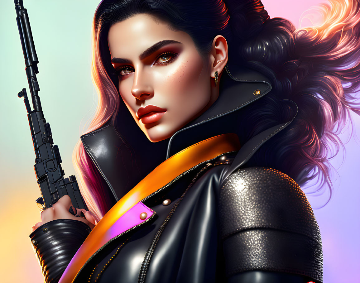 Digital portrait of woman with dark hair, bold makeup, holding a rifle, in black leather jacket.