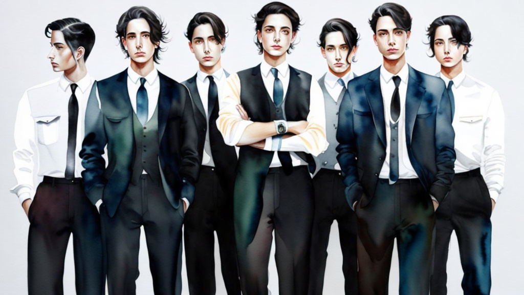 Seven Stylized Men in Formal Wear with Varying Hairstyles and Poses