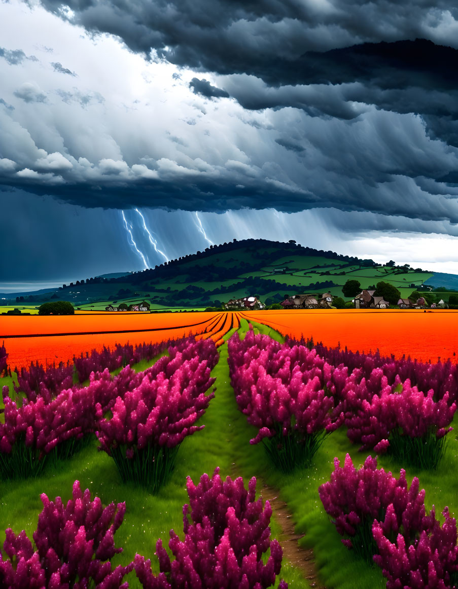 Dramatic stormy sky with vibrant purple and red flowers