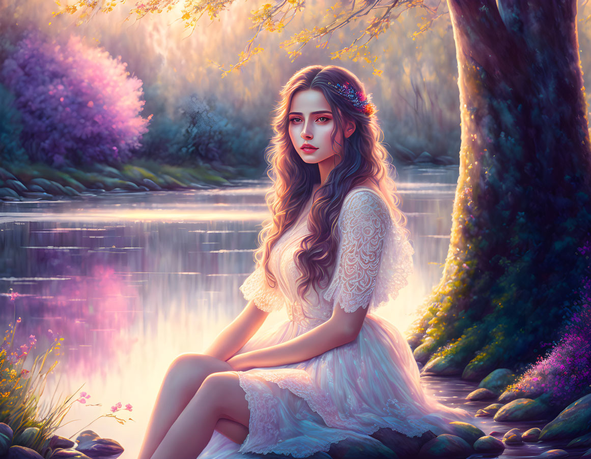 Woman with long wavy hair by river at sunset, surrounded by vibrant flora