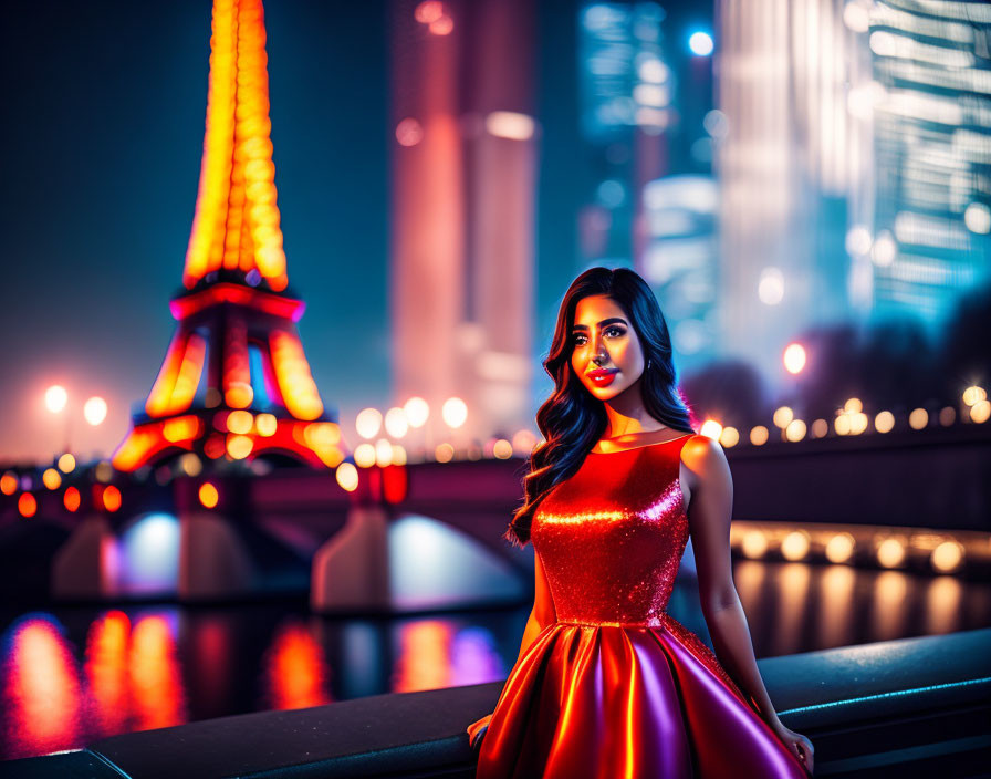 Woman in Red Dress Poses with Illuminated Eiffel Tower at Night