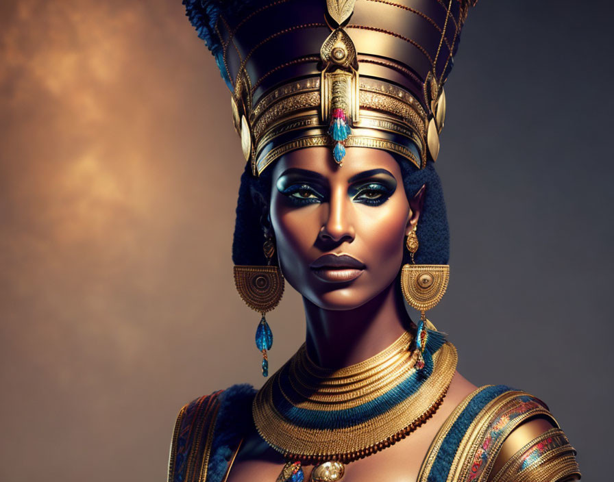 Ancient Egyptian queen with elaborate headdress, ornate jewelry, and striking makeup on warm backdrop