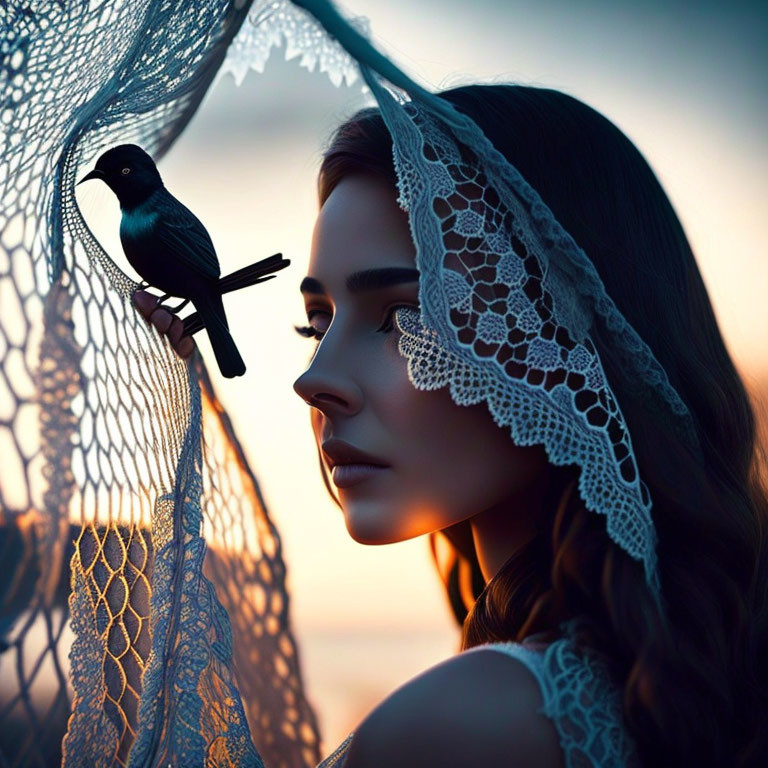 Profile of woman with lace and blackbird on hand against twilight.