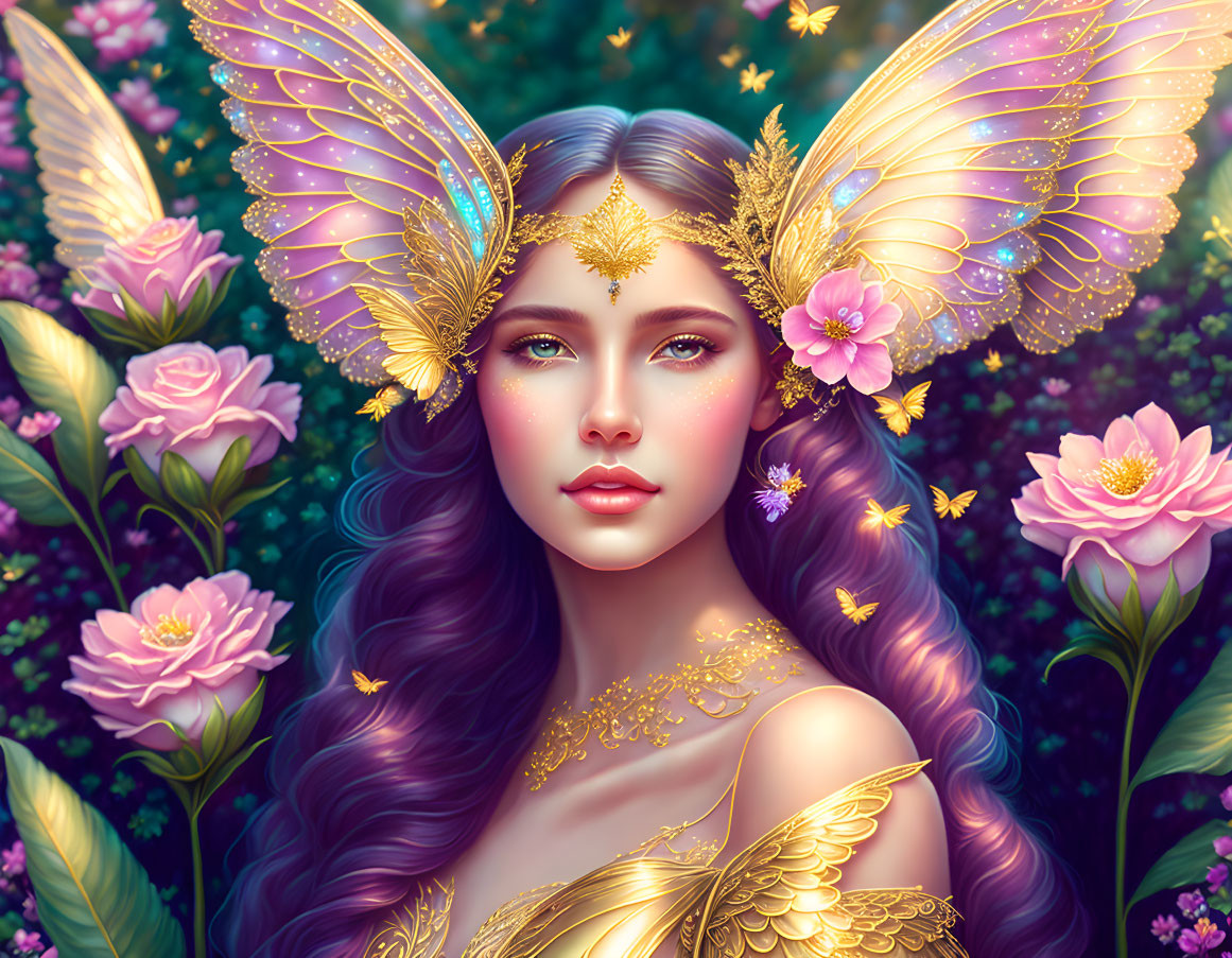 Fantasy illustration of woman with purple hair and butterfly wings amid lush roses