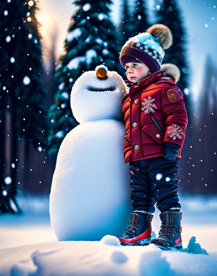 Child in red winter jacket with snowman in snowy forest setting