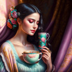 Illustrated woman with dark hair and flowers in pastel dress holding ornate teacup in luxurious