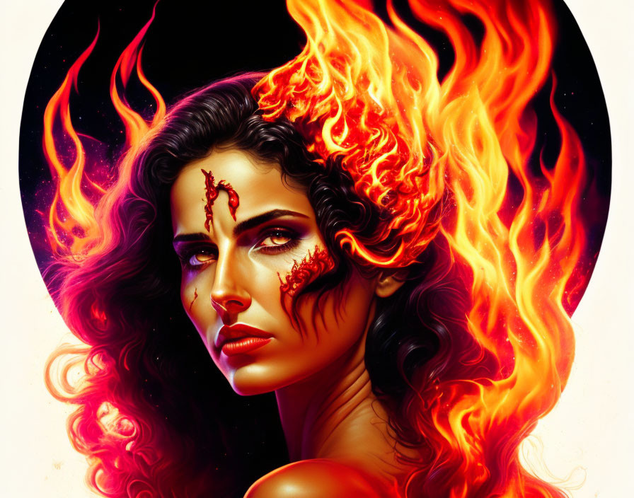 Digital Artwork: Woman with Fiery Hair and Flame Motif