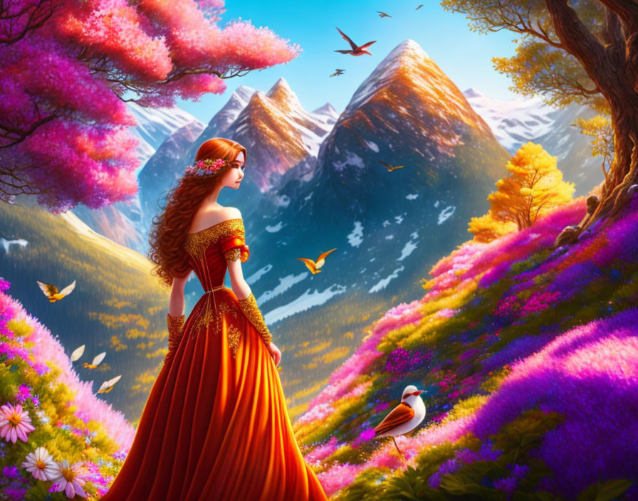 Woman in Orange Gown Surrounded by Vibrant Landscape