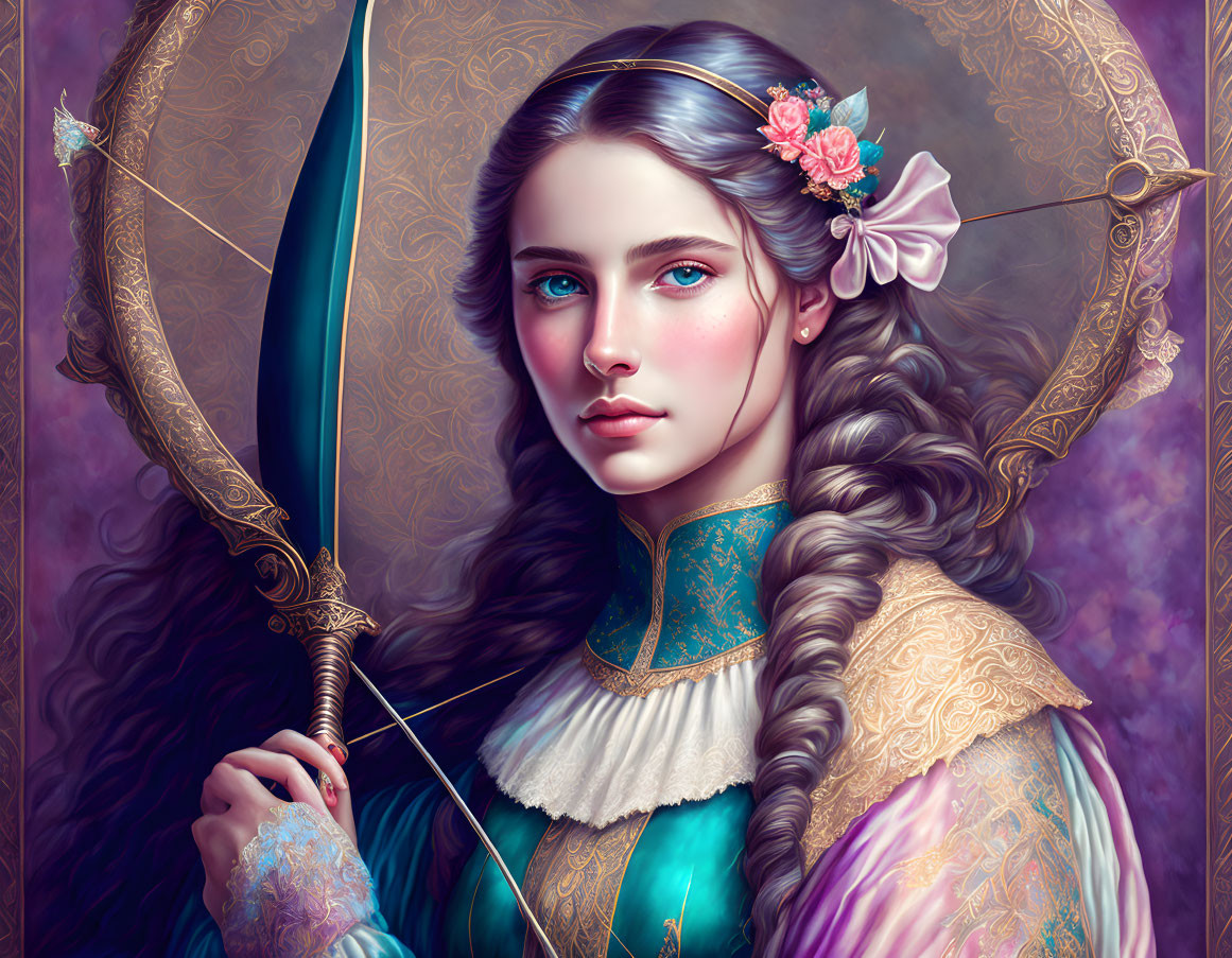 Detailed fantasy illustration of woman with braided hair, holding intricate bow, in blue dress.