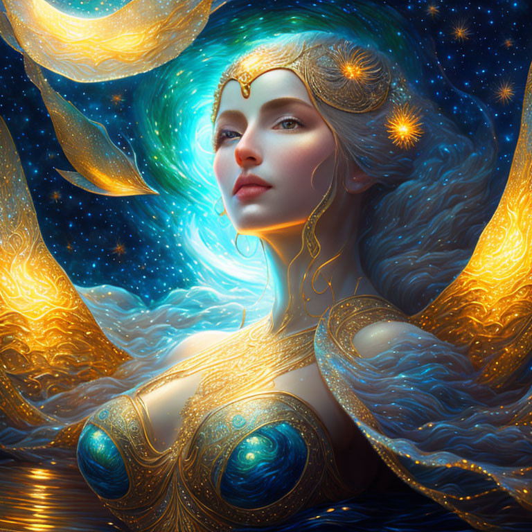 Celestial-themed portrait of an ethereal woman with golden patterns and stars