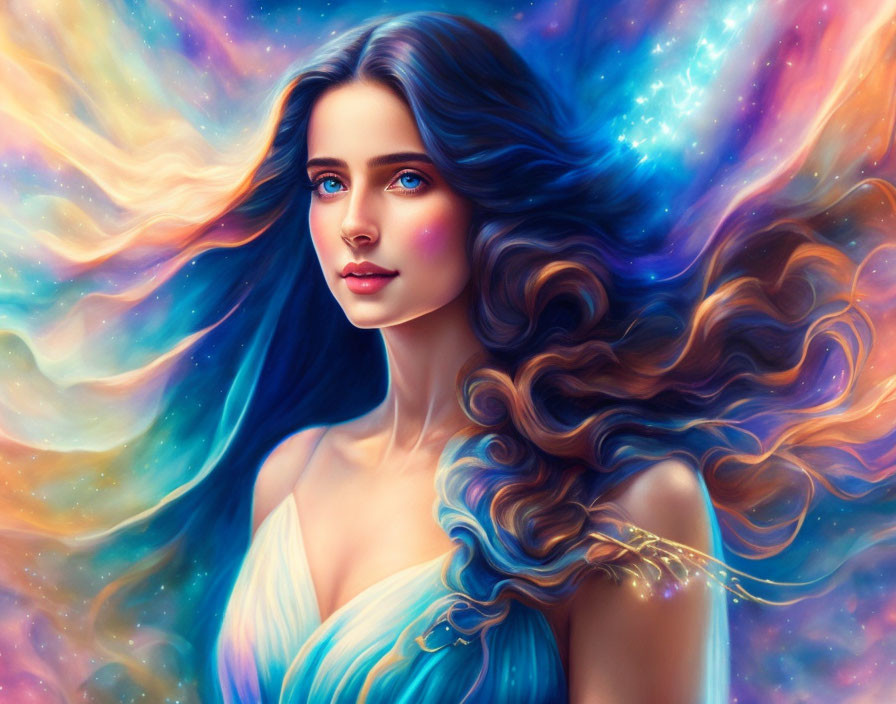 Digital Artwork: Woman with Flowing Hair and Cosmic Colors