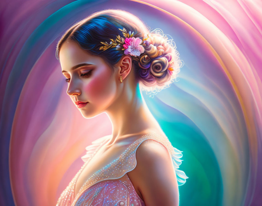 Profile of Woman with Ornate Hairstyle and Flowers on Colorful Swirling Background