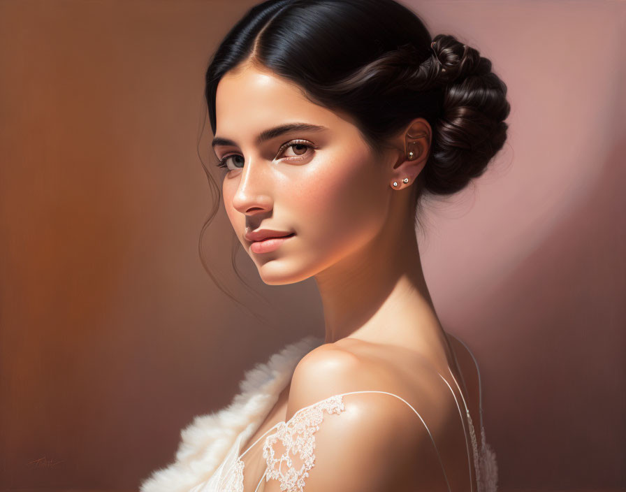 Sophisticated Updo Hairstyle and Lace Detail in Warm-Toned Digital Painting