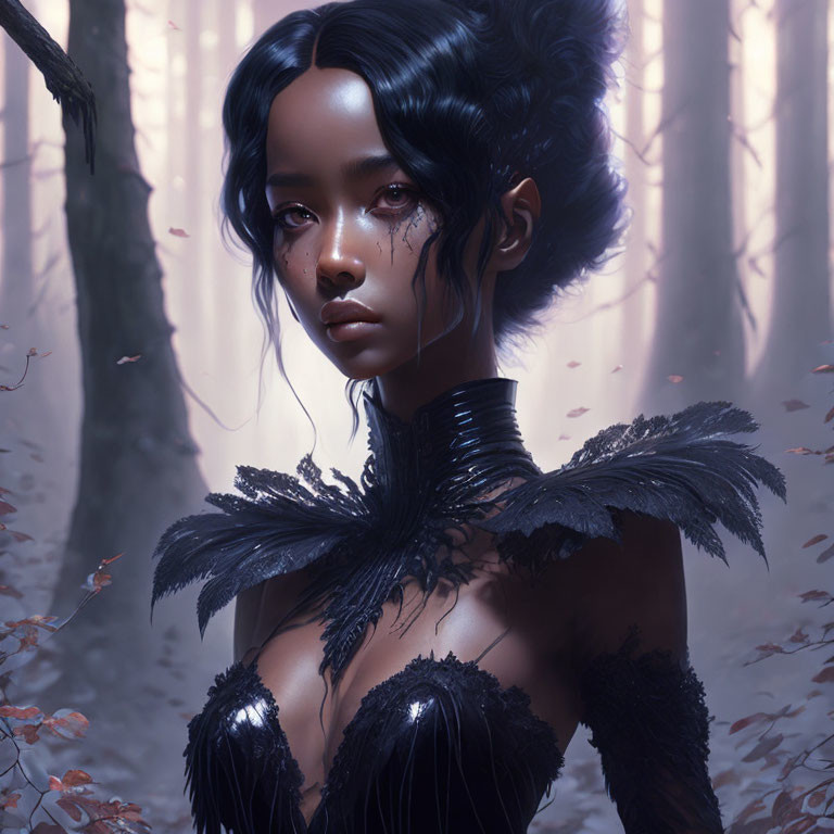 Dark-haired woman in black feathered outfit against misty forest backdrop