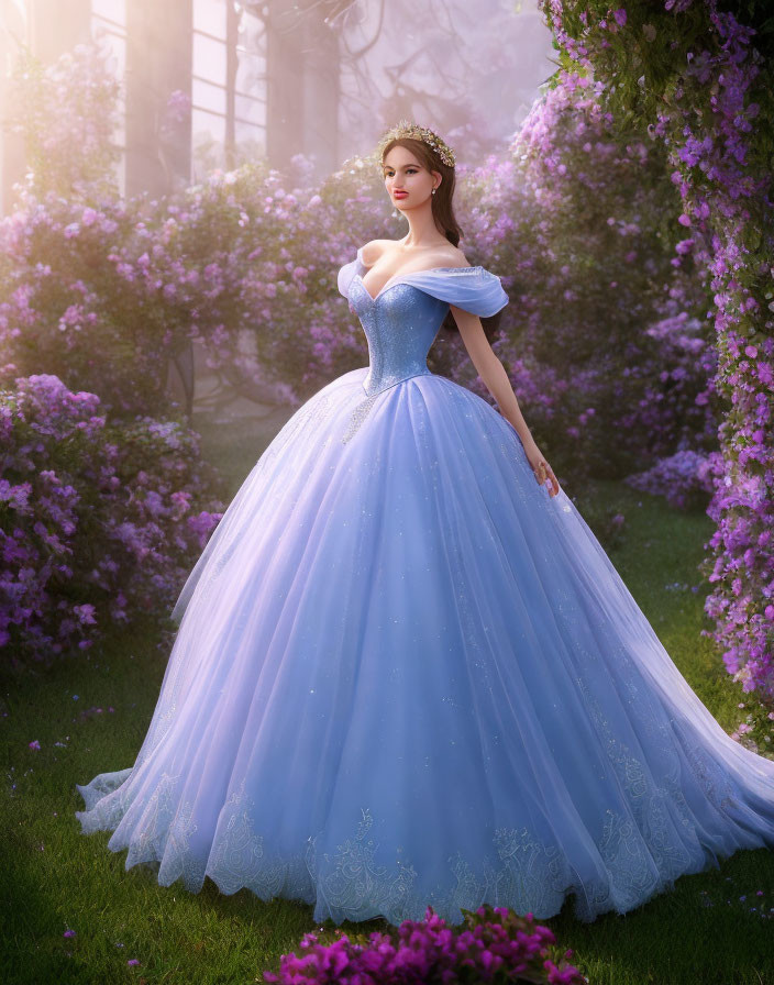 Woman in Blue Ball Gown Surrounded by Blooming Wisteria Garden