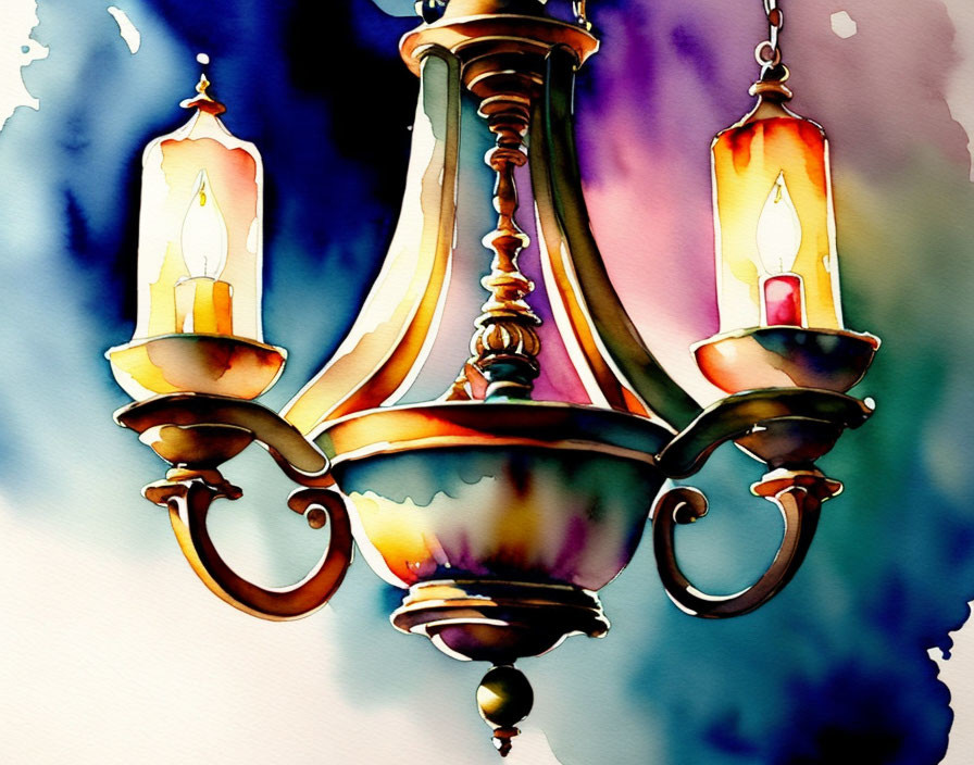 Colorful Watercolor Painting of Ornate Chandelier with Illuminated Bulbs