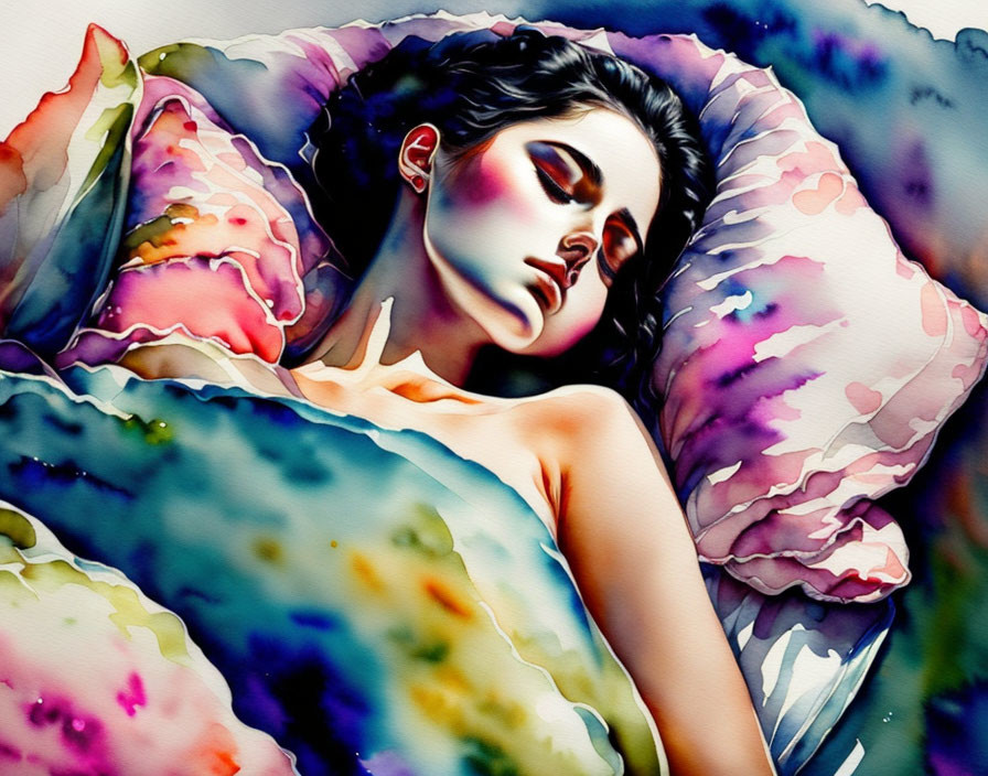 Colorful Watercolor Painting of Woman Resting on Pillows