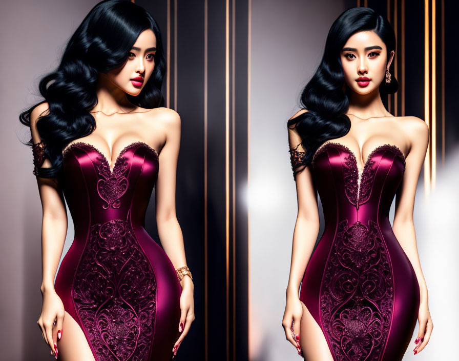 Digital art portrait of woman with long black hair in maroon dress with heart patterns, in softly lit