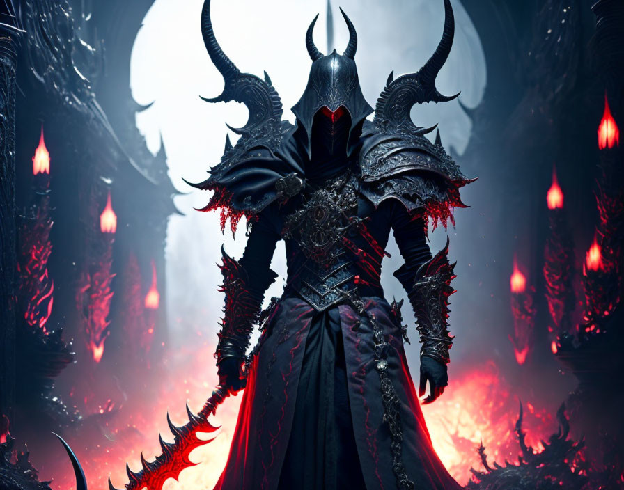 Dark armored figure with horns in fiery gothic setting