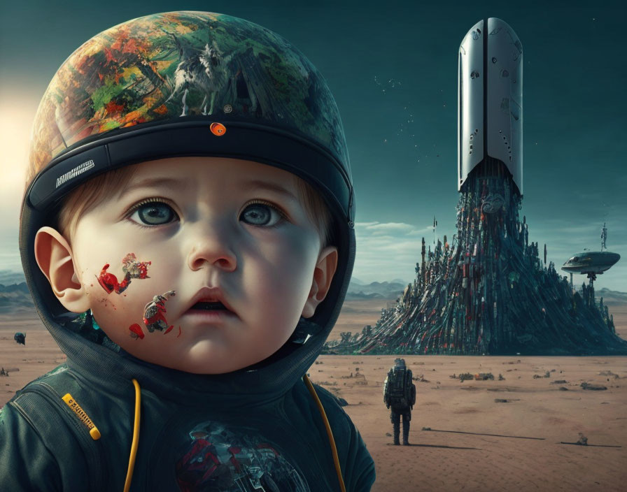 Child in futuristic helmet gazes at sci-fi landscape with spacecraft and figures, hinting at wonder and
