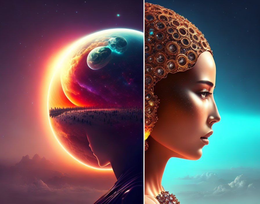 Split-screen digital artwork: Woman's profile with bejeweled headpiece vs. cosmic scene with