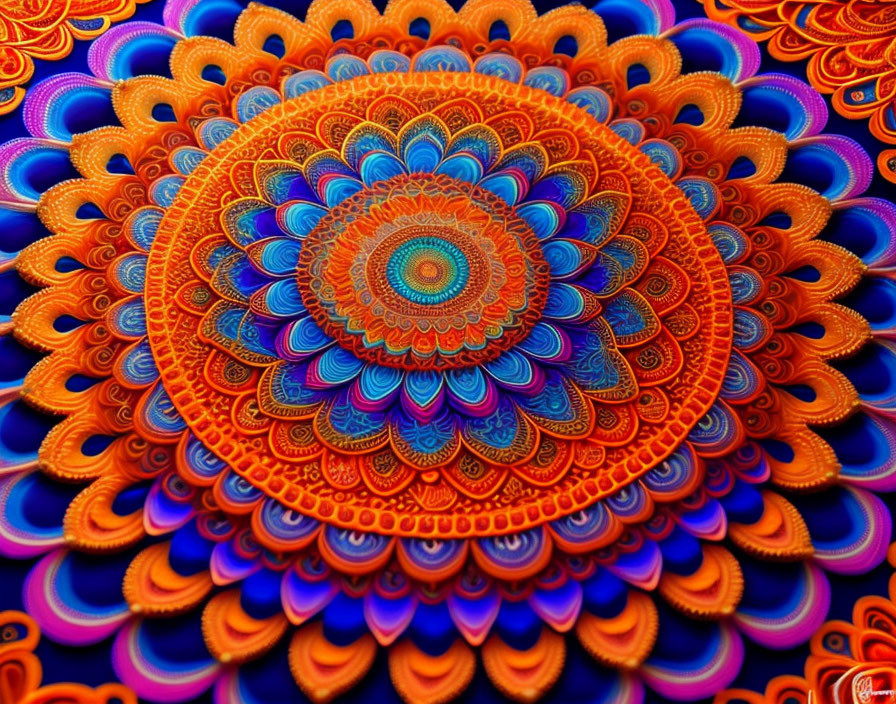 Colorful Mandala Design with Overlapping Petals in Blue, Orange, and Red